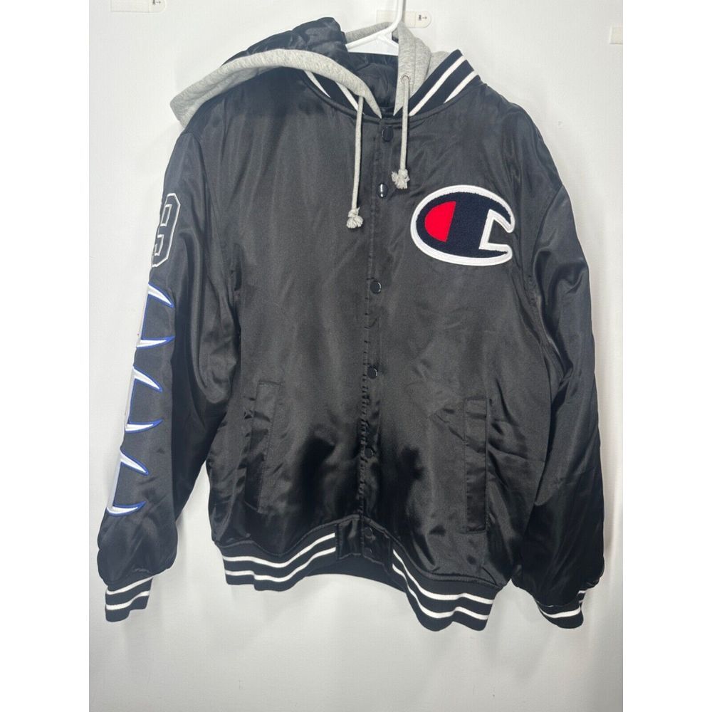 2018 Supreme x Champion FW18 Hooded Satin Varsity‎ Jacket Navy Blue - Medium